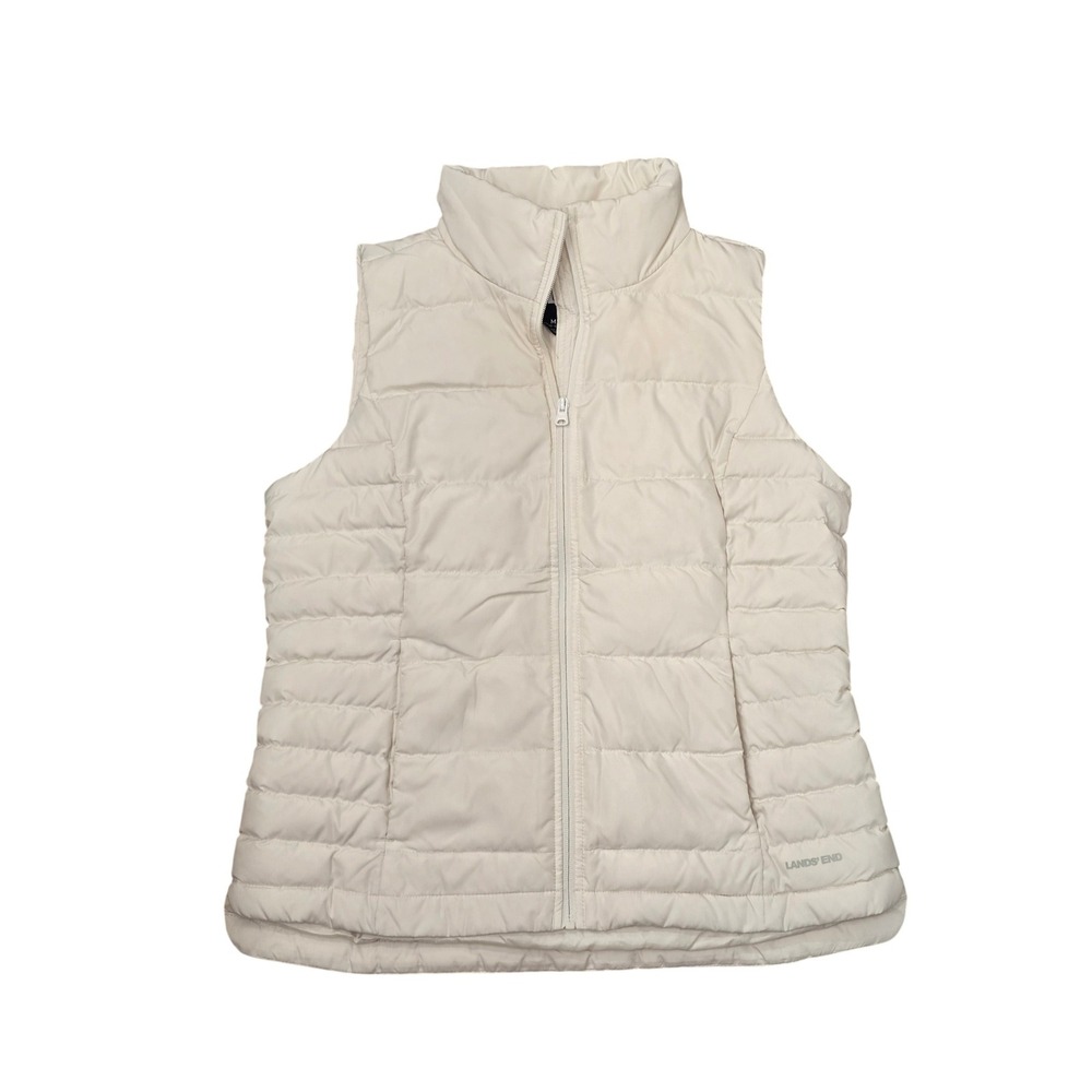 Lands End Womens Cream White Puffer Vest Size M 10-12 Off White Quilted Full Zip